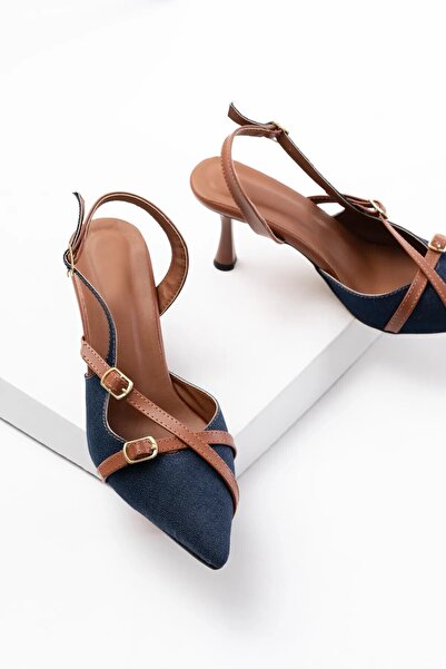 Elvis Pantofi cu toc pentru femei, cu detaliu de cataramă cu bandă dublă, culoare BLUE DENIM (înălțime toc 8 cm)