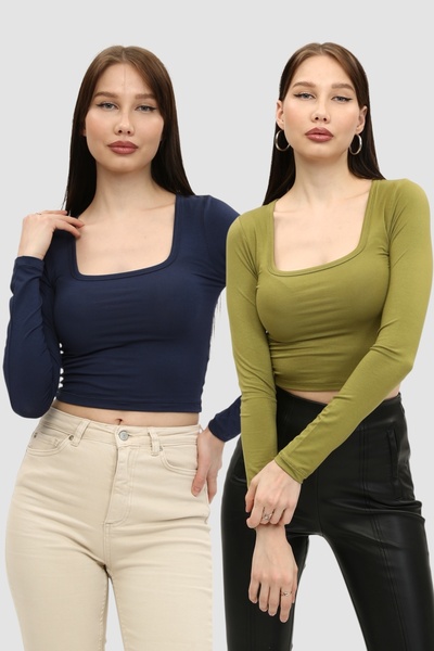 LAENT Navy Blue Oil Green Women's Crop Body - Square Collar Set of 2