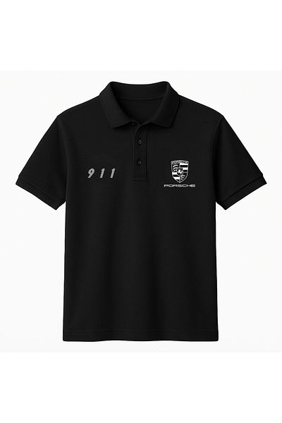 Edizen Porsche 911 Cotton 100% Pique Soft Texture Breathable Fabric Black Polo Neck T-Shirt Unisex
