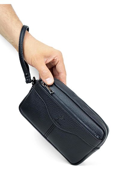 en deri Men's Black Luxury Hand and Wristband Belted Portfolio Handbag