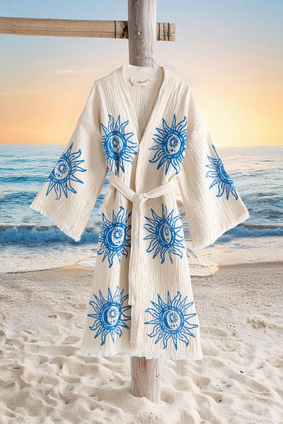 VAROL Organic 100% Cotton Kimono Collar Sabali Bathrobe Beach Dress - Heliona V2 - L/Xl