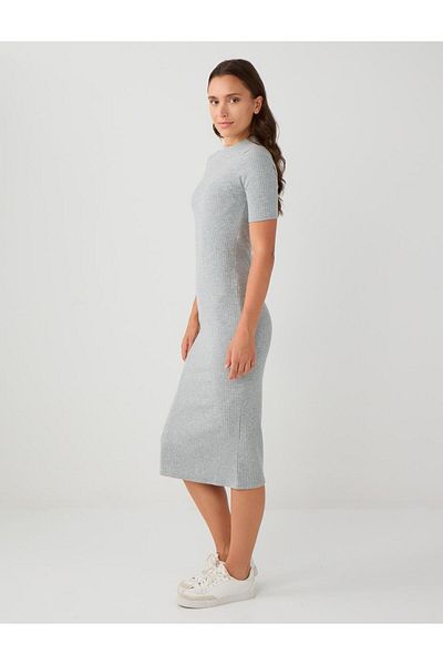 Jimmy Key Gray Melange Crew Neck Short Sleeve Knitted Midi Dress