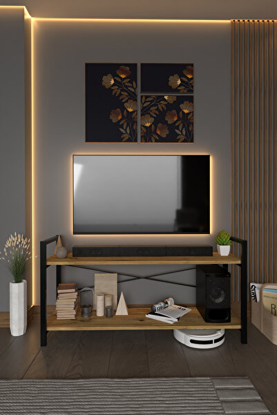 BAB TEDARİK HİZMETLERİ Ceviz Metal Ayaklı Tv Ünitesi Iki Raflı Tv Sehpası