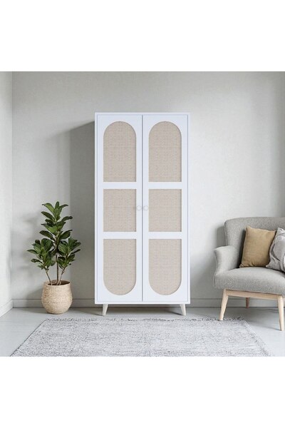 FLORADESİGN Bali Bohem Jüt 2 Kapaklı Gardırop – Jüt Kumaş MDF Kapaklı, Meşe