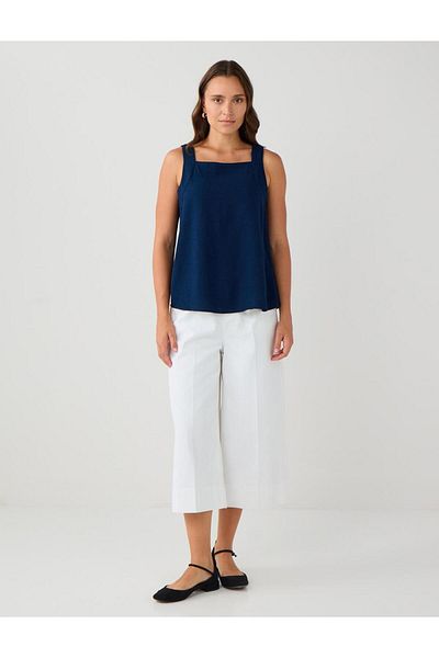 Jimmy Key Navy Blue Square Neck Sleeveless Linen Blend Blouse