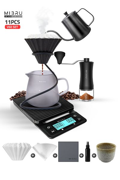 MIBRU V60 Coffee Set 11 PCS with Scale, 600ml Kettle, Grinder, Server, Dripper, Filters & Cups