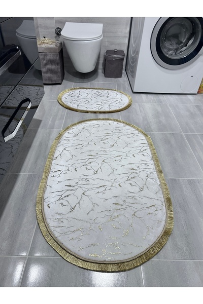 Bordo Halı Simli Bambu Kaymaz Deri Taban 2'li Set Klozet Beyaz Gold Spor Saça...