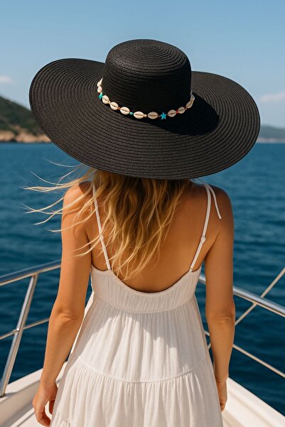 Axesoire 14232-26 Pălărie de paie lată neagră - cu detaliu de panglică și pan...