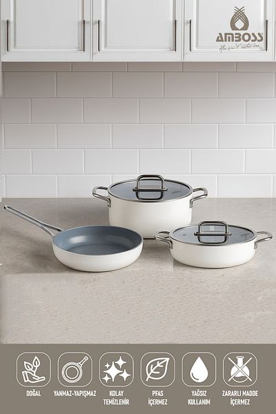 Amboss 5 Piece Ideal Fireproof Nonstick Ceramic Cookware Pan Set White