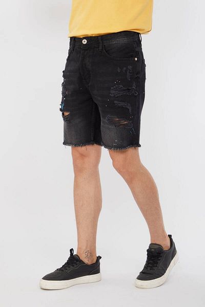 Bluewhite Men's Cut-Cut Painted Jeans Shorts Black