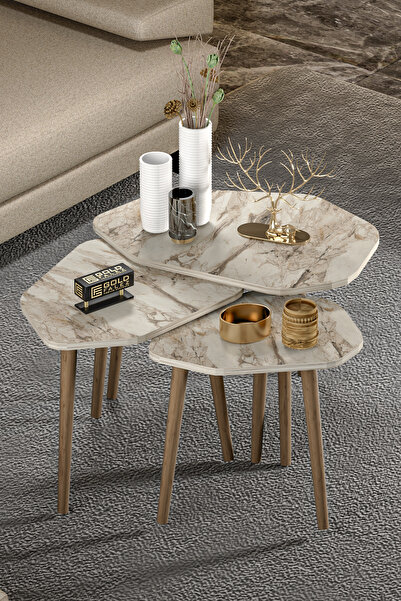 GOLDFALEZ Zigon Sehpa 3'lü Trio Ahşap Yan Sehpa Orta Sehpa Efes