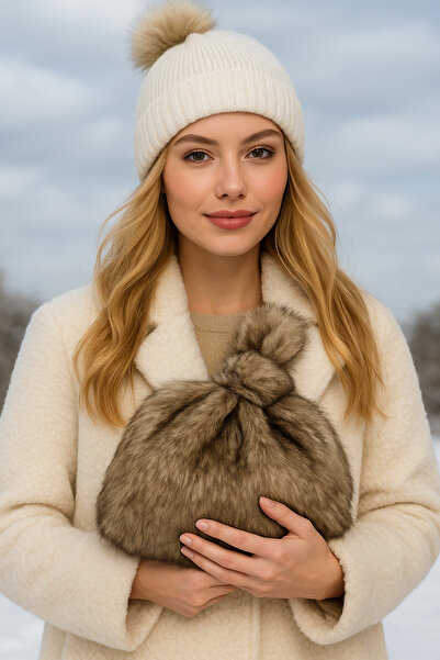 MER HOME Suni Kürk Peluş El Çantası Heybe Poşet Çanta