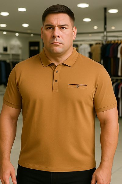 Maccali Men's Plus Size Basic Camel Polo Neck T-Shirt with Pockets