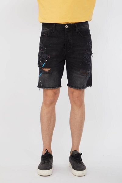 Bluewhite Men's Cut-Cut Painted Jeans Shorts Black