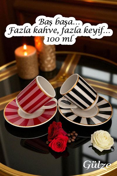 GÜLZE 2 Persons (4 Pieces) Senli̇ Benli̇ Model Special Design Luxury Coffee Cup Set (Pure Porcelain)