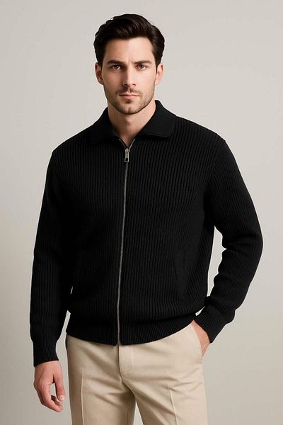 Valiberta Copolla Thessaloniki Knitted Polo Collar Pocket Zippered Comfortable Fit Men's Knitwear Cardigan - Black