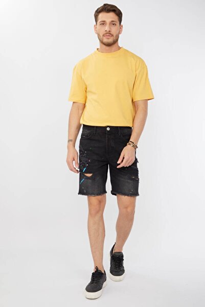 Bluewhite Men's Cut-Cut Painted Jeans Shorts Black