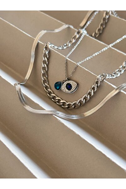 Butik مجموعة من 3 قلادات نسائية، لون فضي - مع شكل عين الشر، وسلسلة حافة وسلسل...