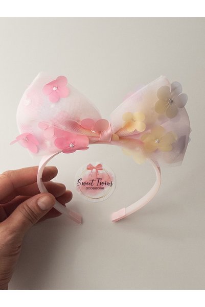 Sweet twins accessories تاج بناتي وردي أصفر مزين بالزهور - هدية تاج بناتي مع فيونكة من التول
