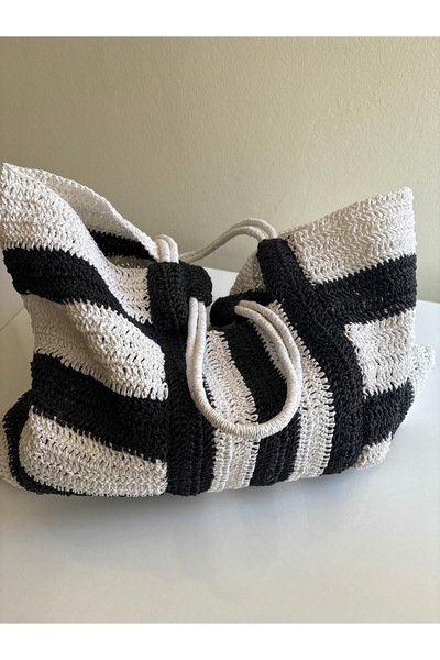simarikcraft El Örgüsü Oversize Plaj Çantası | Siyah Beyaz Tığ Işi Büyük Boy ...