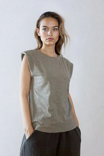 poupee Women's T-Shirt, Padded Gray Women's T-Shirt, Gray T-Shirt, Women's Gray Blouse, Gray Sleeveless T-Shirt