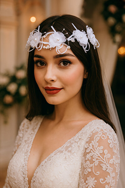 TAKIŞTIR Accesoriu pentru păr de mireasă de culoare argintie cu detalii de perle în formă de flori/ accesoriu pentru față