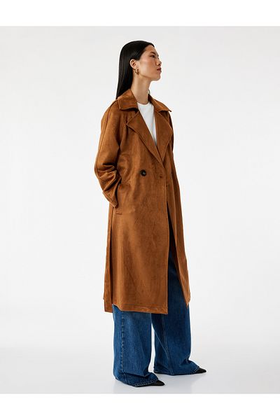 Koton Double Breasted Collar Belted Long Faux Suede Trench Coat with Pockets