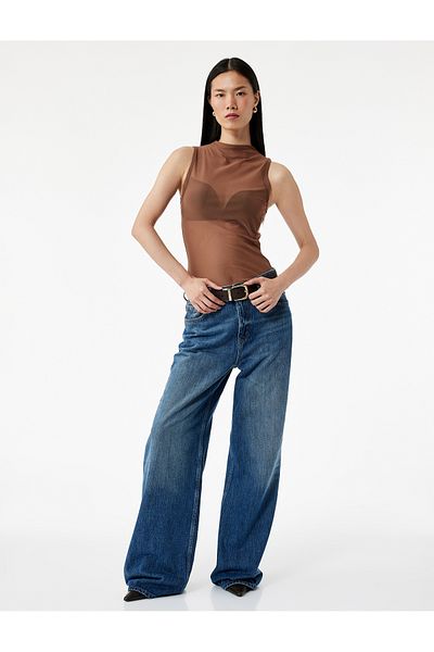 Koton Lightweight Stand Collar Sleeveless See-Through Tulle Blouse