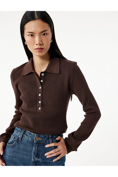 Koton Half Button Long Sleeve Polo Neck Sweater