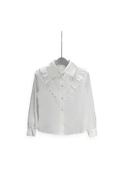SETTY KOOP Elegant Modest White Long Sleeve Blouse with Lace Trim Collar for Girls