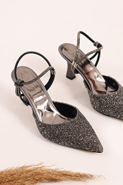 SHOESSHOPS Cam Kırığı Taşlı Bilekten Bağlamalı Kadın Topuklu Ayakkabı Stiletto
