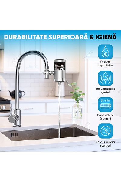 INFINITQ Filtru Apa, 7 Stagii de Filtrare, Montare la Robinet, Elimina Clorul, Impuritatile, Uz Casnic Inox