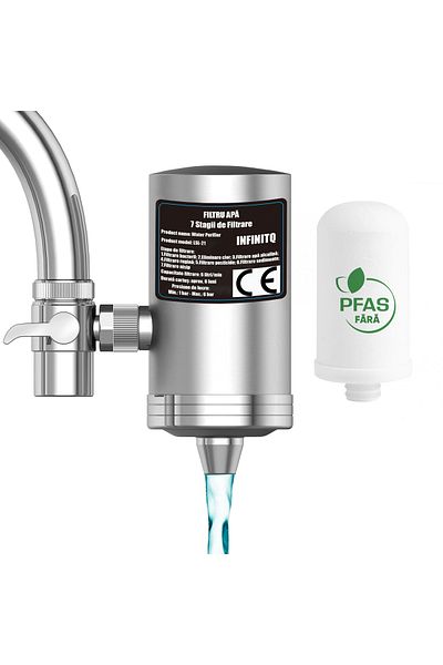 INFINITQ Filtru Apa, 7 Stagii de Filtrare, Montare la Robinet, Elimina Clorul, Impuritatile, Uz Casnic Inox