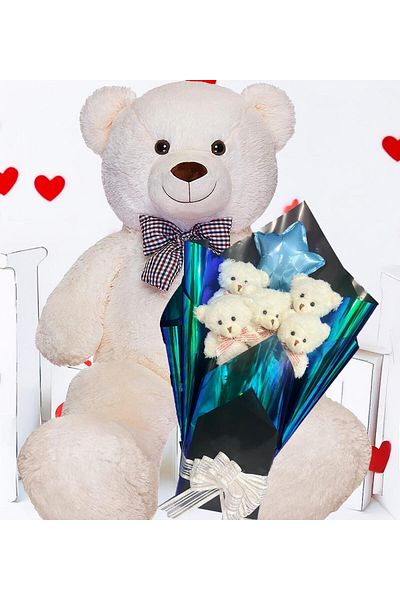 Sole Premium 90 cm Plush Bear and Star Balloon, White Plush Teddy Bear Bouquet in Hologram Presentation