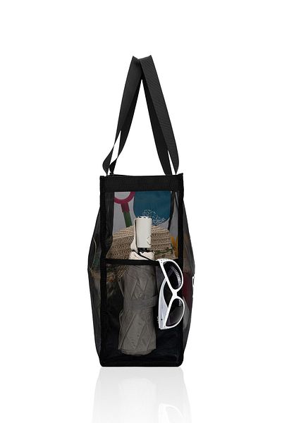 D'VERS Black Large Size Mesh Pocket Sandproof Women's Tote Beach Bag