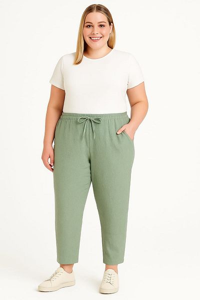 enmodaiçgiyim Mint Green Plus Size 100% Cotton Muslin Fabric Women's Trousers – Narrow Leg, Pockets, Comfortable Fit