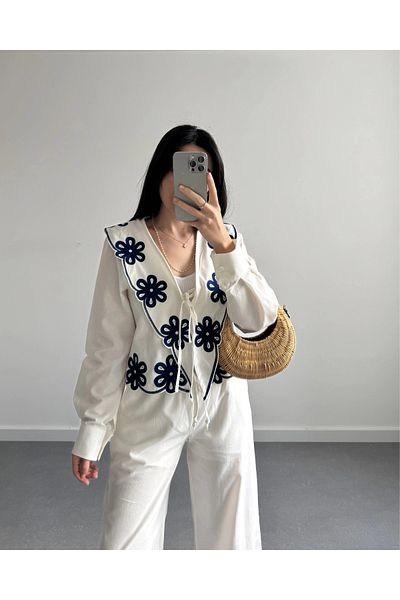 Lavanta Tekstil Blue Embroidered Shirt Pants Set
