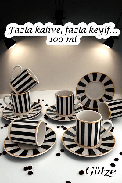 GÜLZE 6 Persons (12 Pieces) Harmony Model Special Design Luxury Coffee Cup Set (Pure Porcelain)