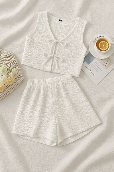 WEEST MODA White Women's Vest Shorts Front Lacing Detail Short Bottom Top Suit