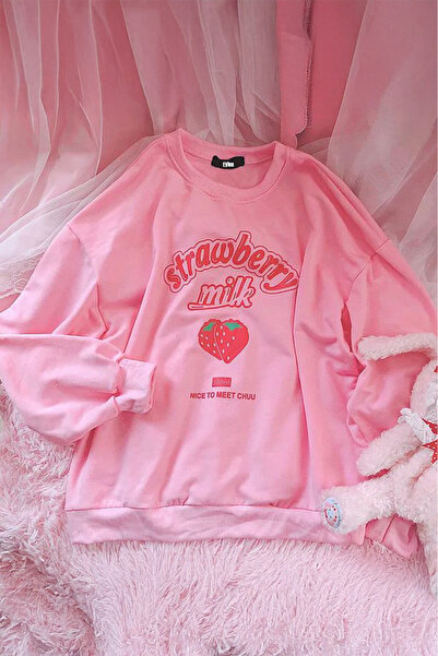 EVIus Kadınlar için sevimli Harajuku Kawaii Pembe Çilek bahar kore tarzı Bisiklet Yaka Sweatshirt 3 İplik