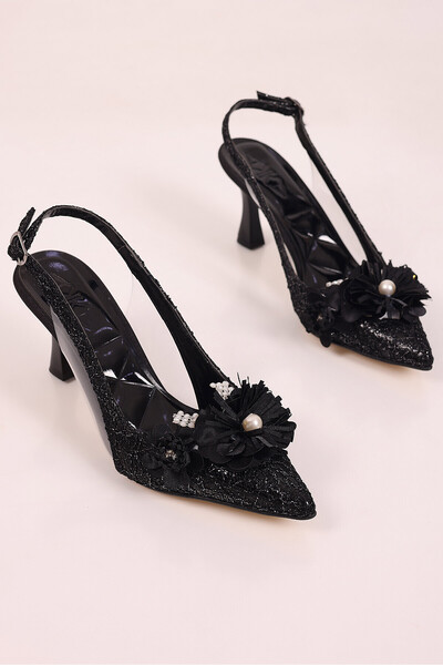 SHOESSHOPS Sivri Burun Çiçekli Kadın Stiletto Abiye Topuklu Ayakkabı