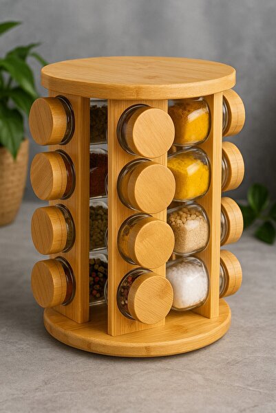 TOGO Döner Standlı 16’lı BoroSilikat Cam Baharatlık Seti – Bambu Kapaklı-ETİK...