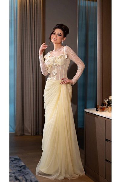 MEZON FASHION Lemon evening dress with roses