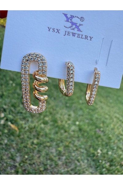 ARMELİA ACCESORİES Armelia Altın Renk 3’lü Küpe Seti – Taşlı Modern ve Işıltılı Tasarım