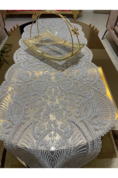 Tekstilsa Luxury Runner Salon Room Masă de cafea Față de masă Zestre cu dantelă franceză (GRI) 1buc New Runner (133X45CM)