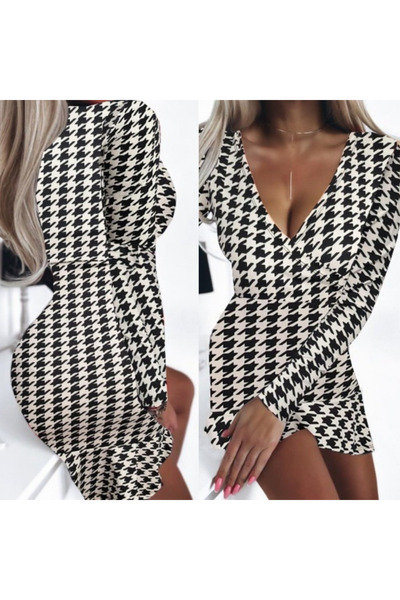 Adora Moda Women's Long Sleeve Double Breasted Collar Houndstooth Micro Mini Length Dress