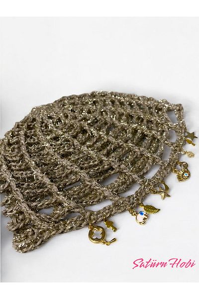Satürn Hobi Knitted Bohemian Gold Accessory Detailed Glitter Mesh Beret & Bandana & Buckle