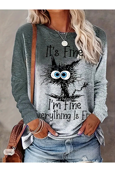 karelin Women's Long Sleeve Crew Neck Print Single Jersey Blouse