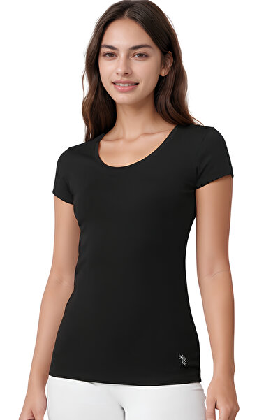 U.S. Polo Assn. Tricou negru cu mânecă scurtă din bumbac Lycra Modal Basic pentru femei