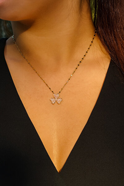 nss sky rock Zirkon Taşlı Üç Yapraklı Gold Yonca Kararmaz Çelik Kolye